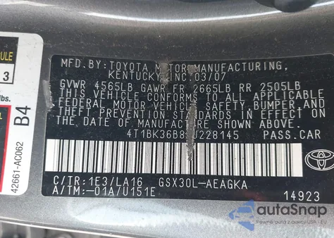2007 Toyota Avalon Xls z USA, uszkodzony, nr VIN 4T1BK36B87U228145